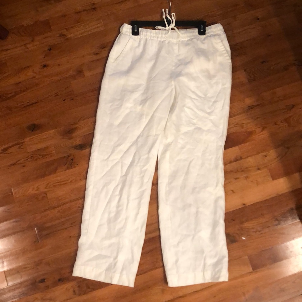 Bright white linen slacks.